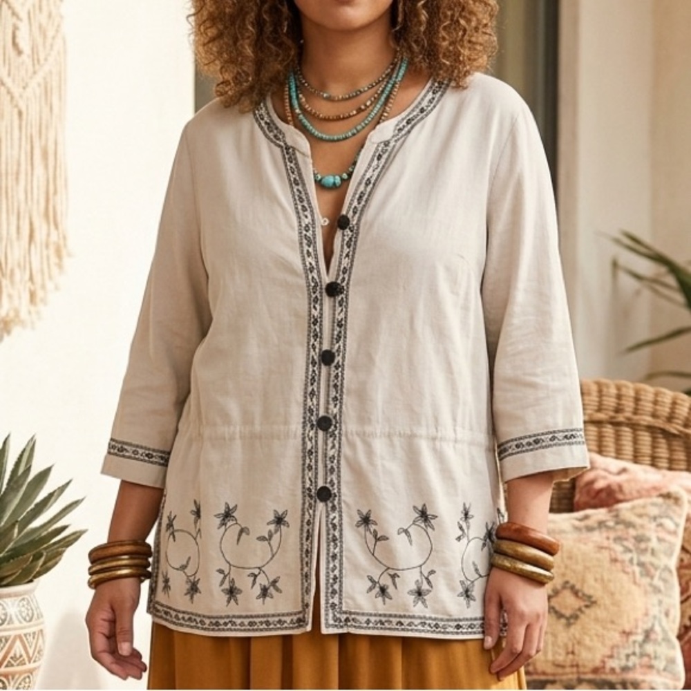 Vintage Embroidered Silk Linen Bohemian Lagenlook Artsy Button Up Blouse Sz 14W